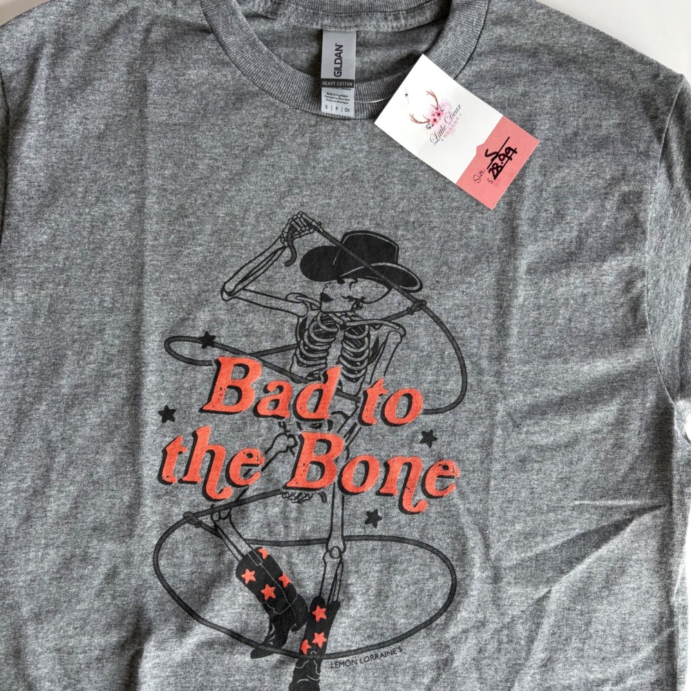 Bad to the Bone Skeleton Graphic Tee Women's Small Halloween Fall Western NEW